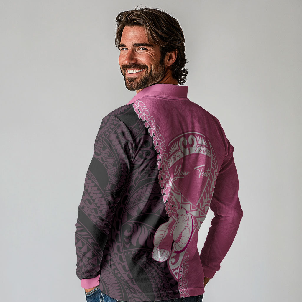 Personalised Polynesia Breast Cancer Support Long Sleeve Polo Shirt Fight With Hope Pink Ribbon Boxing Gloves