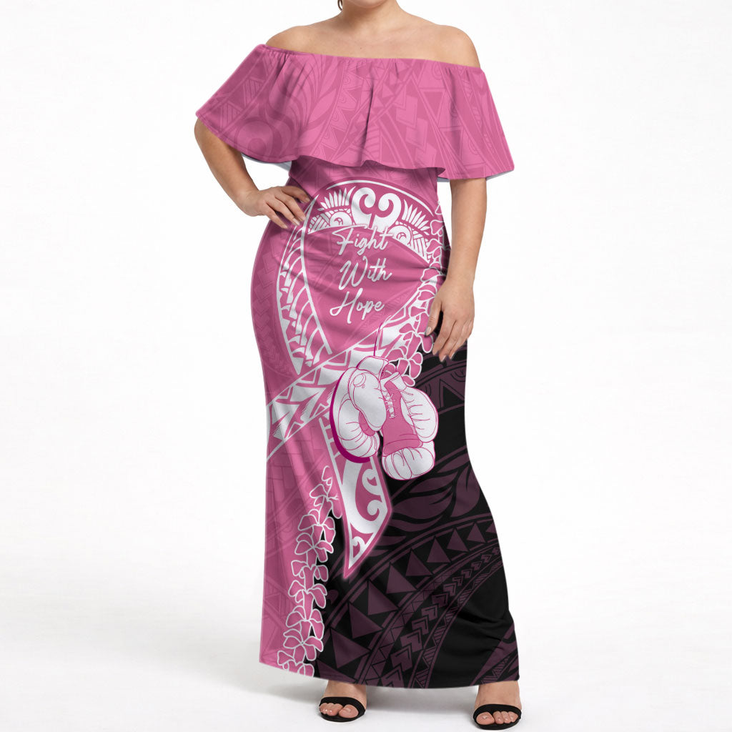 Personalised Polynesia Breast Cancer Support Off Shoulder Maxi Dress Fight With Hope Pink Ribbon Boxing Gloves