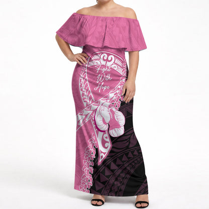Personalised Polynesia Breast Cancer Support Off Shoulder Maxi Dress Fight With Hope Pink Ribbon Boxing Gloves