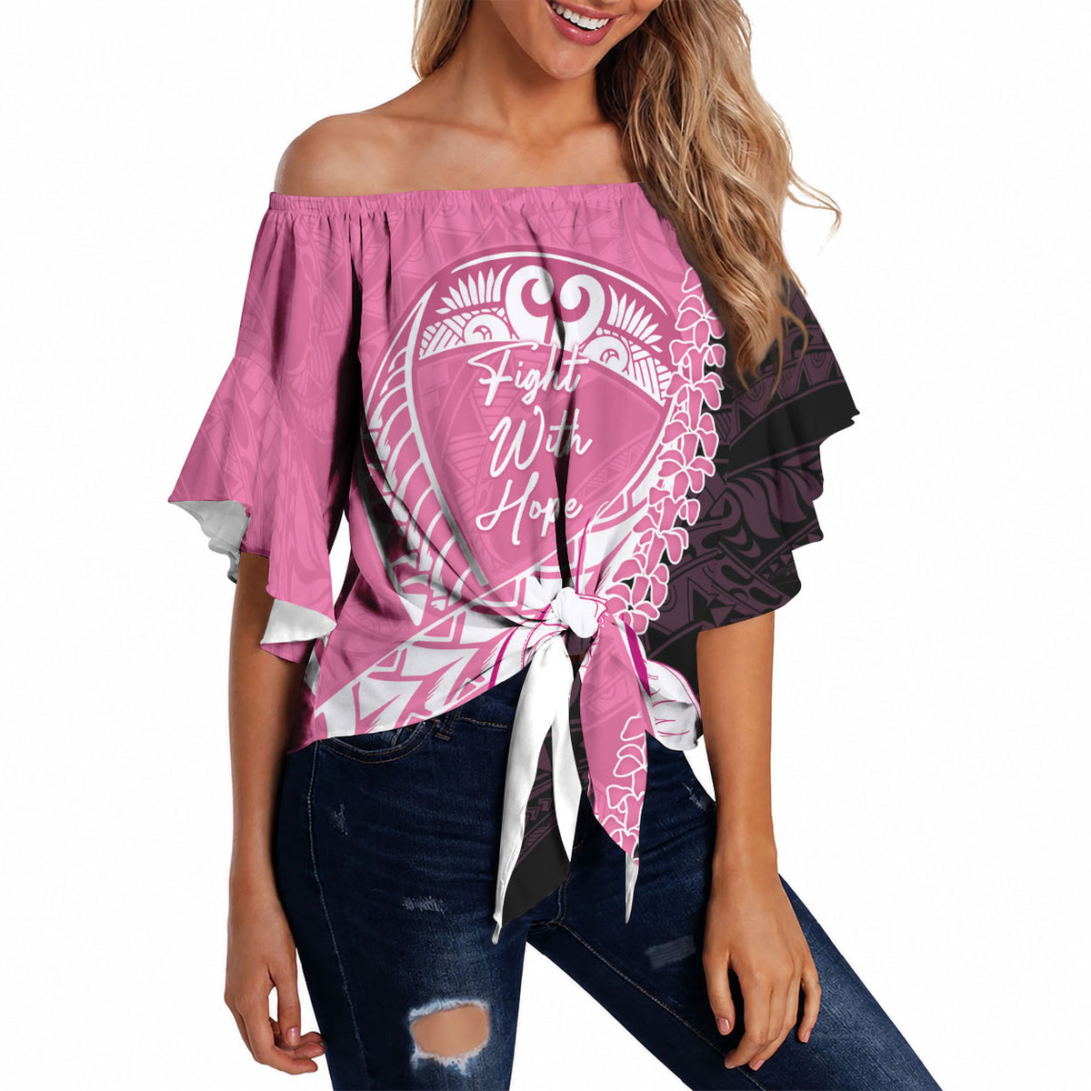 Personalised Polynesia Breast Cancer Support Off Shoulder Wrap Waist Top Fight With Hope Pink Ribbon Boxing Gloves