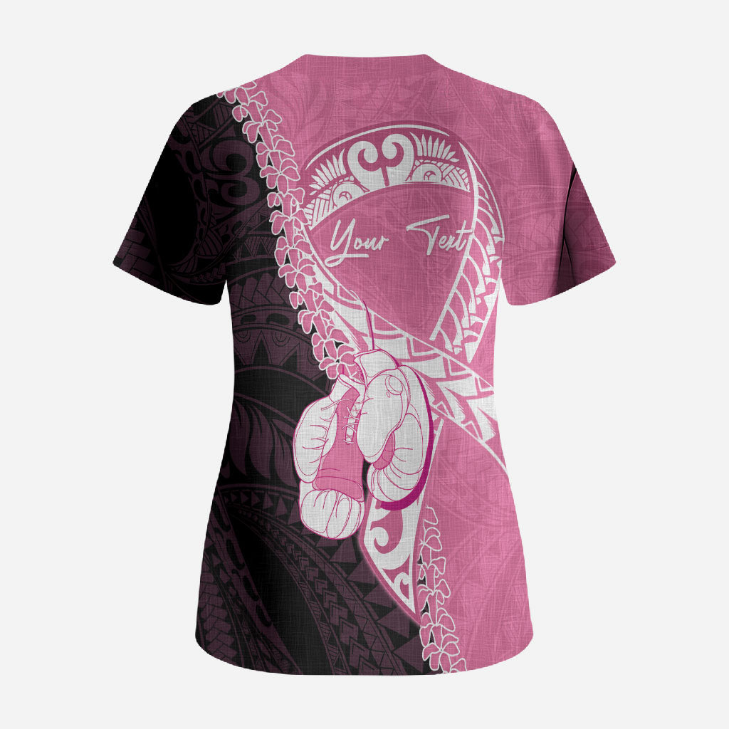 Personalised Polynesia Breast Cancer Support Scrub Top Fight With Hope Pink Ribbon Boxing Gloves