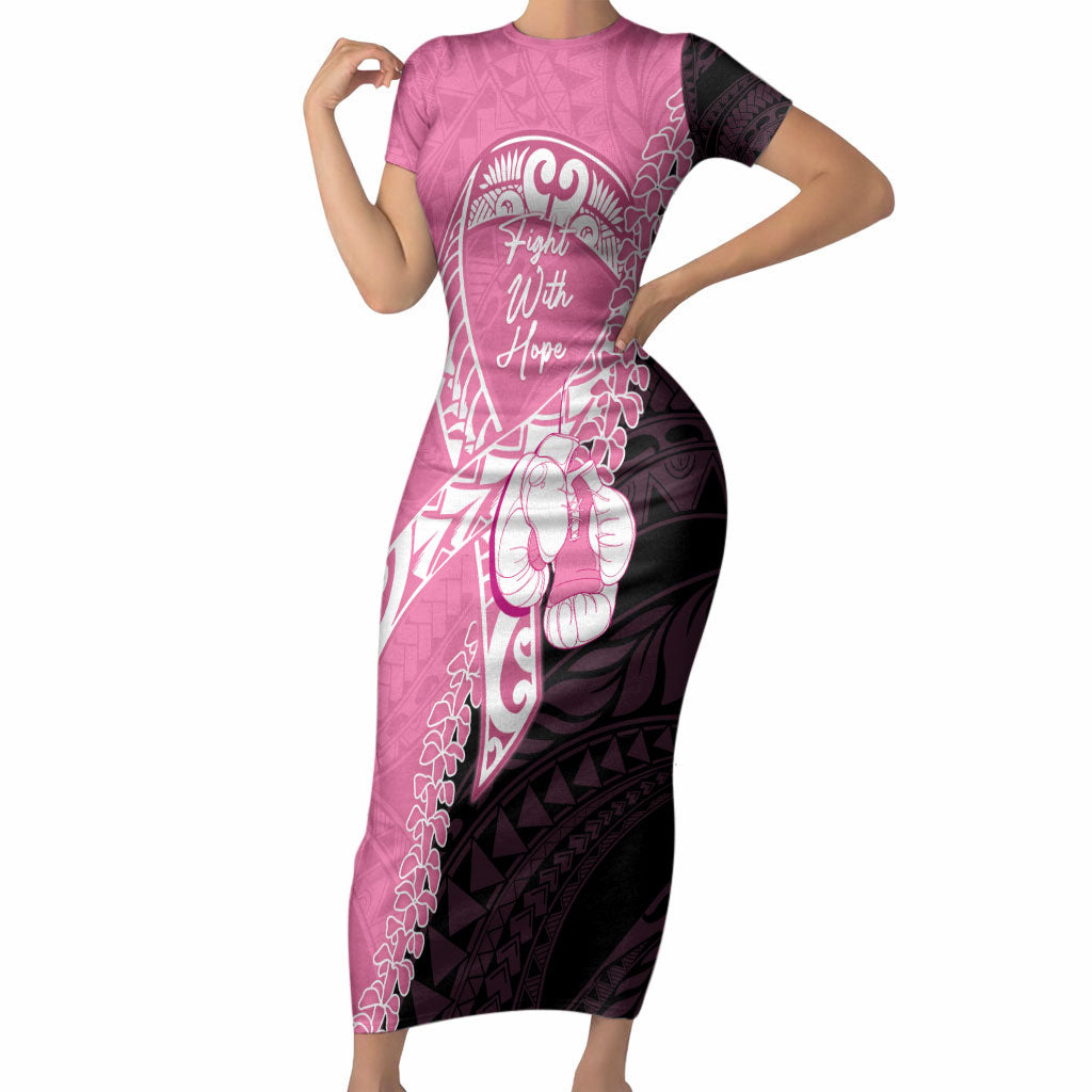 Personalised Polynesia Breast Cancer Support Short Sleeve Bodycon Dress Fight With Hope Pink Ribbon Boxing Gloves