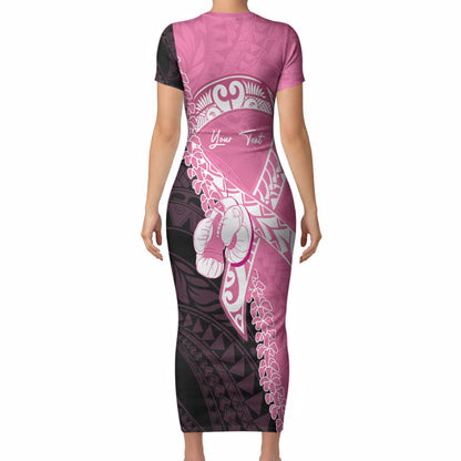 Personalised Polynesia Breast Cancer Support Short Sleeve Bodycon Dress Fight With Hope Pink Ribbon Boxing Gloves