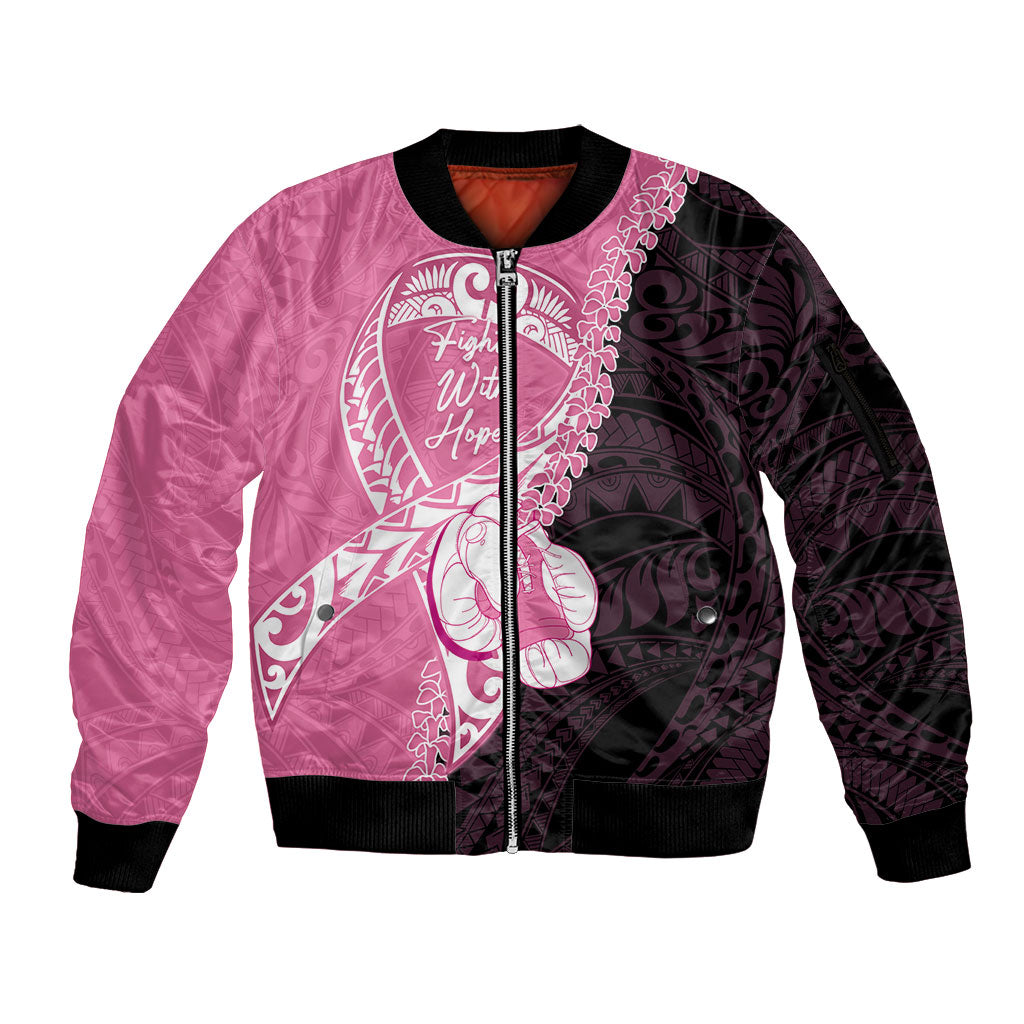 Personalised Polynesia Breast Cancer Support Sleeve Zip Bomber Jacket Fight With Hope Pink Ribbon Boxing Gloves