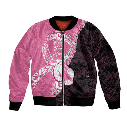 Personalised Polynesia Breast Cancer Support Sleeve Zip Bomber Jacket Fight With Hope Pink Ribbon Boxing Gloves