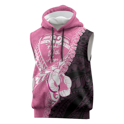 Personalised Polynesia Breast Cancer Support Sleeveless Hoodie Fight With Hope Pink Ribbon Boxing Gloves