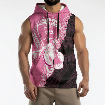 Personalised Polynesia Breast Cancer Support Sleeveless Hoodie Fight With Hope Pink Ribbon Boxing Gloves