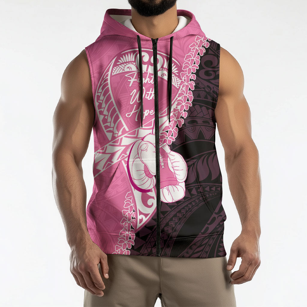 Personalised Polynesia Breast Cancer Support Sleeveless Zip Hoodie Fight With Hope Pink Ribbon Boxing Gloves