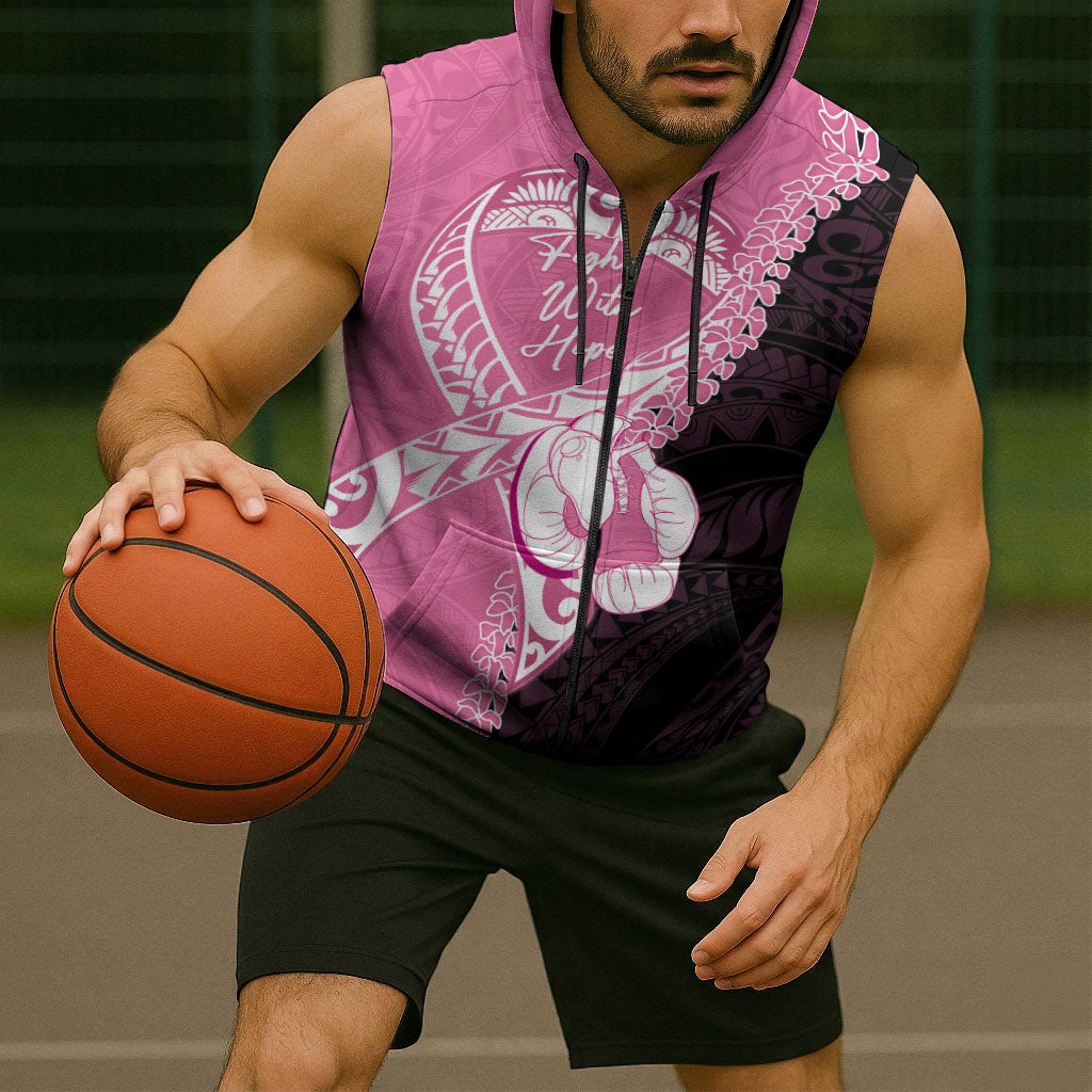 Personalised Polynesia Breast Cancer Support Sleeveless Zip Hoodie Fight With Hope Pink Ribbon Boxing Gloves