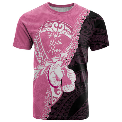 Personalised Polynesia Breast Cancer Support T Shirt Fight With Hope Pink Ribbon Boxing Gloves