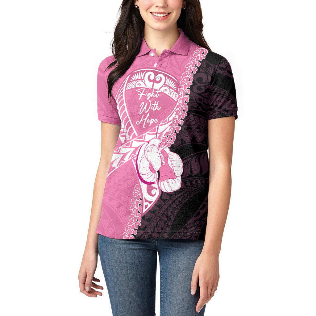Personalised Polynesia Breast Cancer Support Women Polo Shirt Fight With Hope Pink Ribbon Boxing Gloves
