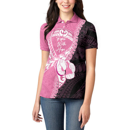 Personalised Polynesia Breast Cancer Support Women Polo Shirt Fight With Hope Pink Ribbon Boxing Gloves