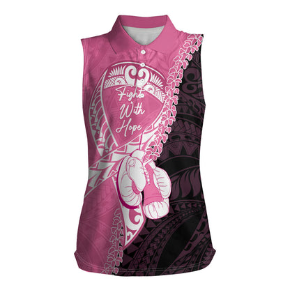 Personalised Polynesia Breast Cancer Support Women Sleeveless Polo Shirt Fight With Hope Pink Ribbon Boxing Gloves
