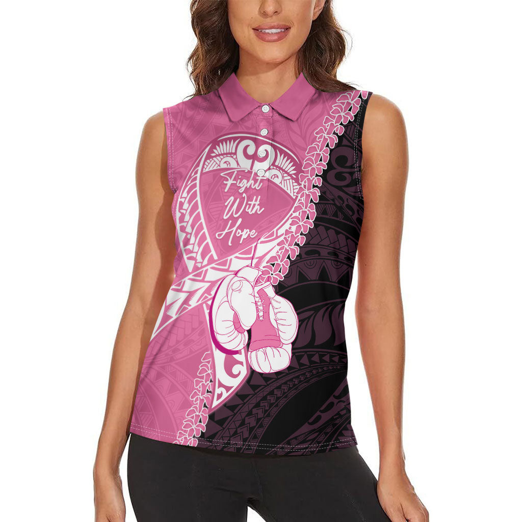 Personalised Polynesia Breast Cancer Support Women Sleeveless Polo Shirt Fight With Hope Pink Ribbon Boxing Gloves