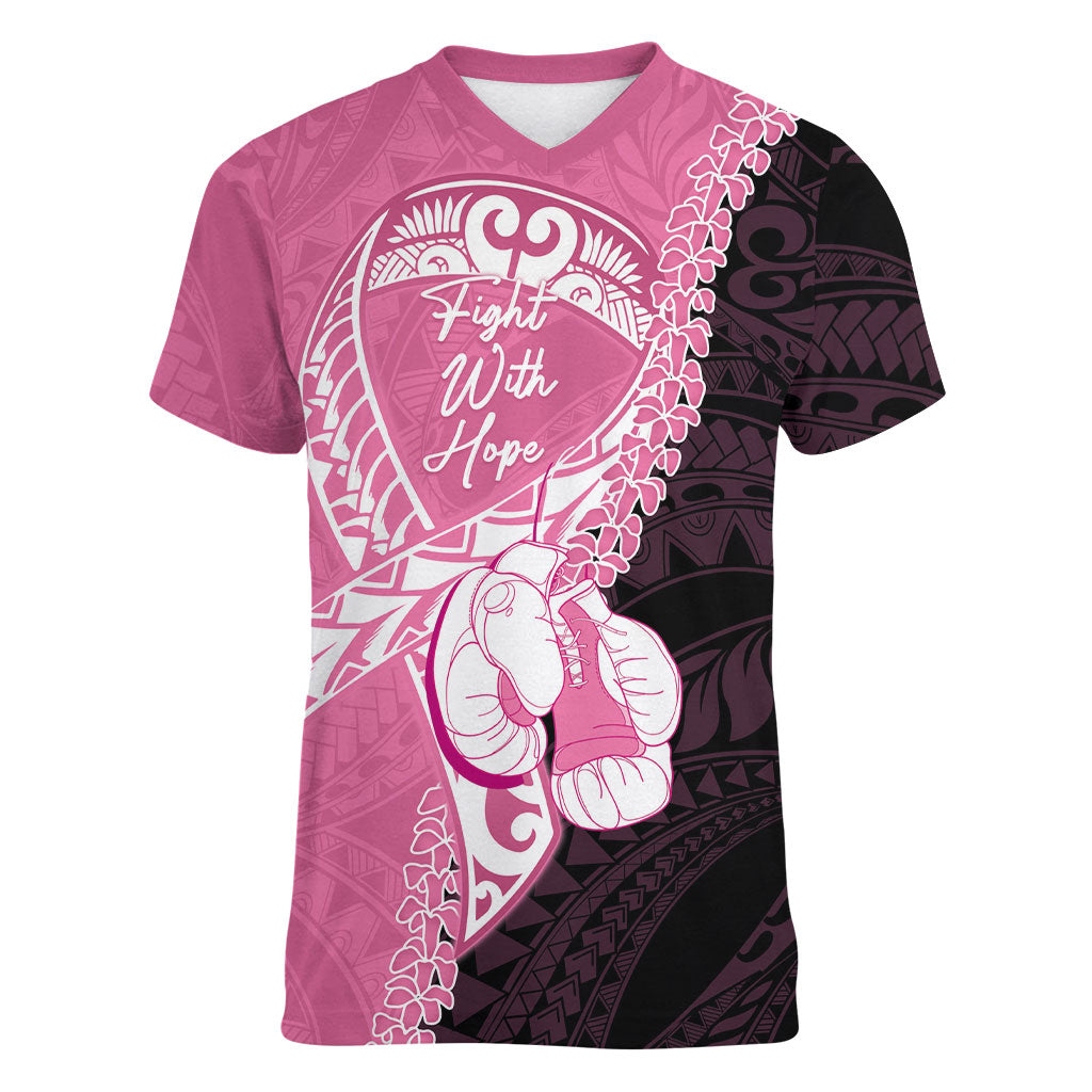 Personalised Polynesia Breast Cancer Support Women V-Neck T-Shirt Fight With Hope Pink Ribbon Boxing Gloves