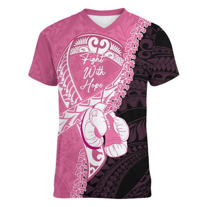 Personalised Polynesia Breast Cancer Support Women V-Neck T-Shirt Fight With Hope Pink Ribbon Boxing Gloves