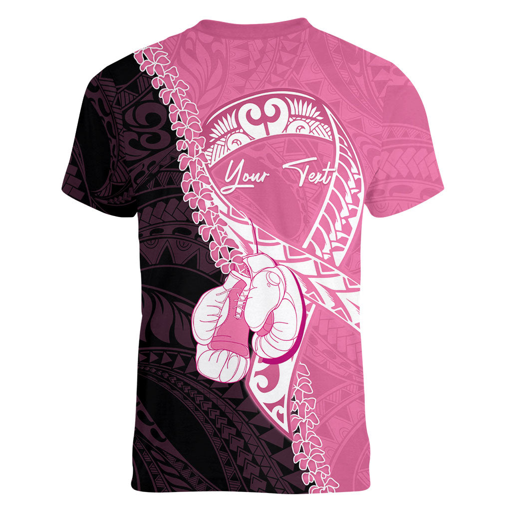 Personalised Polynesia Breast Cancer Support Women V-Neck T-Shirt Fight With Hope Pink Ribbon Boxing Gloves