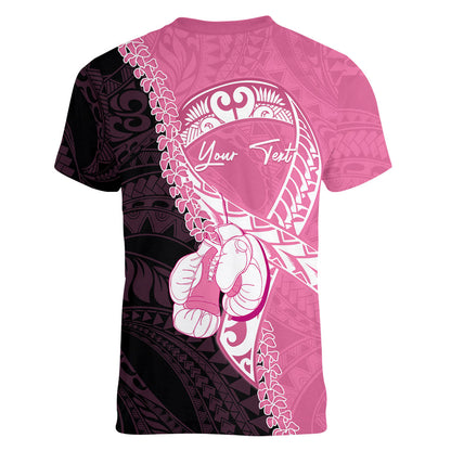 Personalised Polynesia Breast Cancer Support Women V-Neck T-Shirt Fight With Hope Pink Ribbon Boxing Gloves