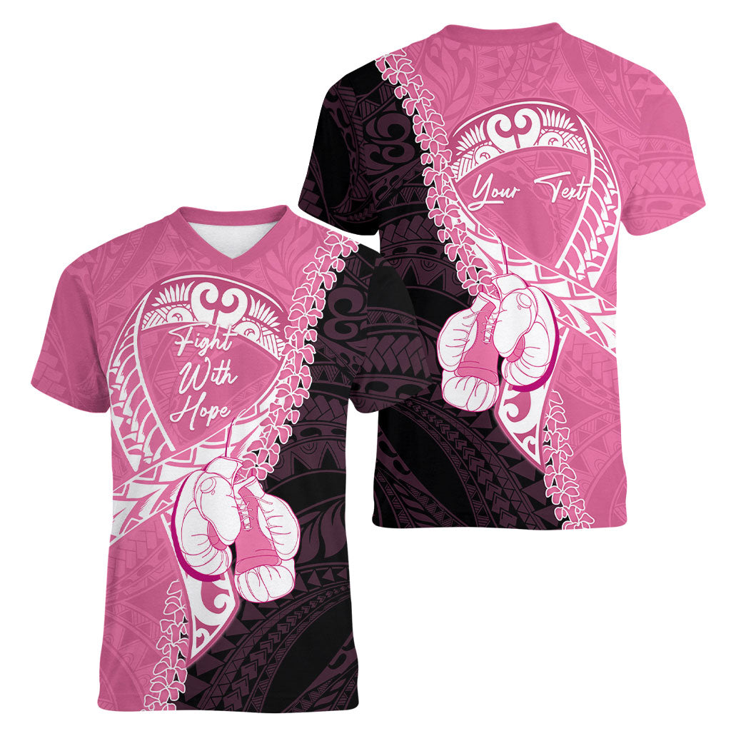 Personalised Polynesia Breast Cancer Support Women V-Neck T-Shirt Fight With Hope Pink Ribbon Boxing Gloves