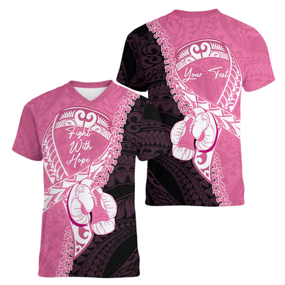 Personalised Polynesia Breast Cancer Support Women V-Neck T-Shirt Fight With Hope Pink Ribbon Boxing Gloves