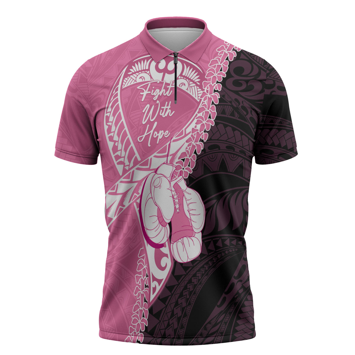 Personalised Polynesia Breast Cancer Support Zipper Polo Shirt Fight With Hope Pink Ribbon Boxing Gloves