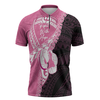 Personalised Polynesia Breast Cancer Support Zipper Polo Shirt Fight With Hope Pink Ribbon Boxing Gloves