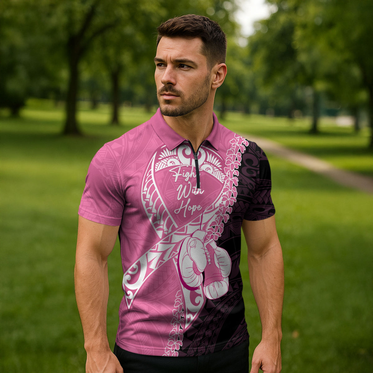 Personalised Polynesia Breast Cancer Support Zipper Polo Shirt Fight With Hope Pink Ribbon Boxing Gloves