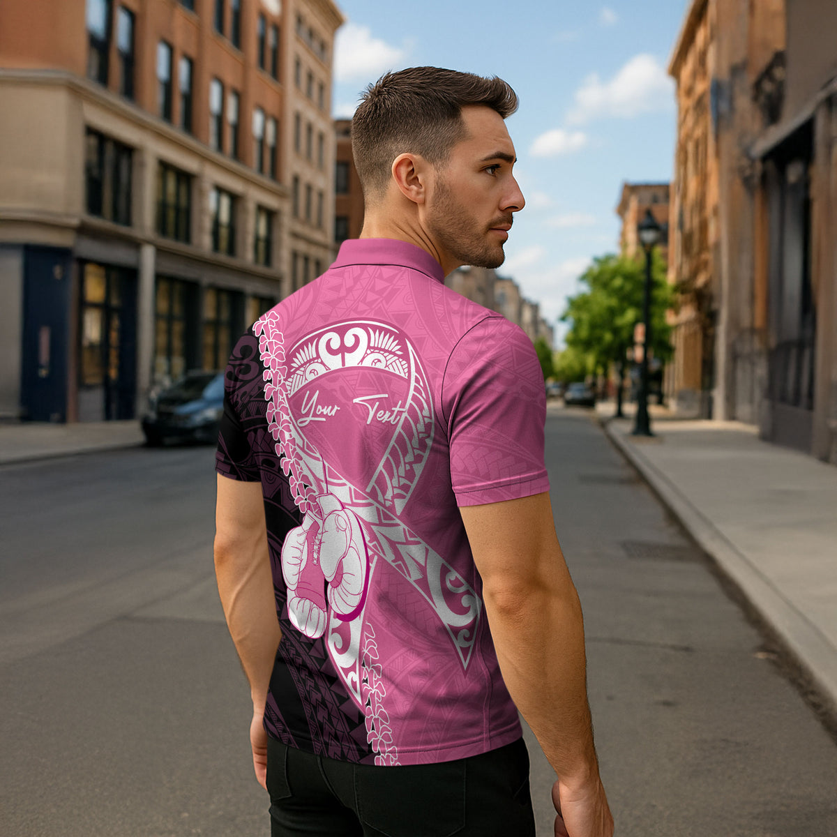 Personalised Polynesia Breast Cancer Support Zipper Polo Shirt Fight With Hope Pink Ribbon Boxing Gloves