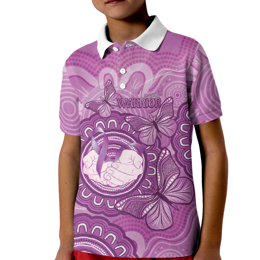 Australia Lupus Support Month Personalised Kid Polo Shirt Warrior Purple Ribbon Butterflies Indigenous Art