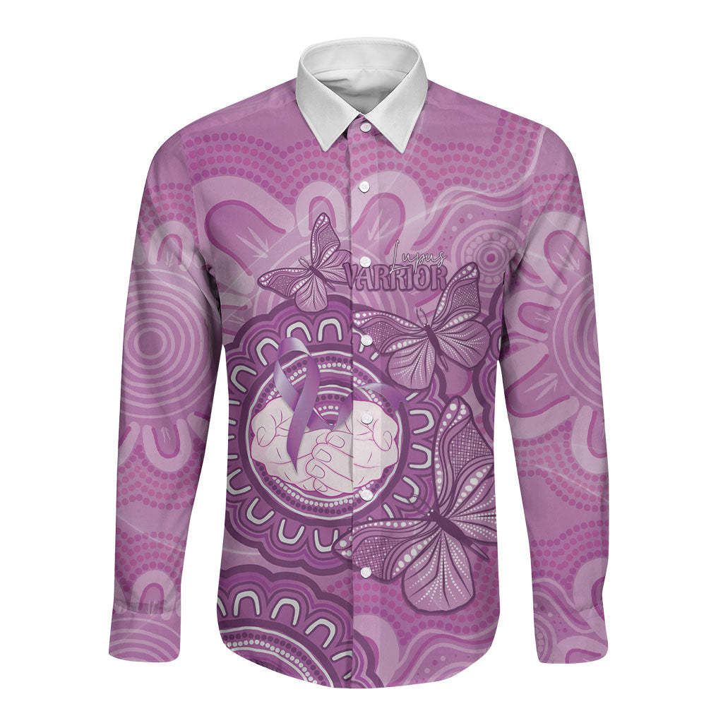 Australia Lupus Support Month Personalised Long Sleeve Button Shirt Warrior Purple Ribbon Butterflies Indigenous Art