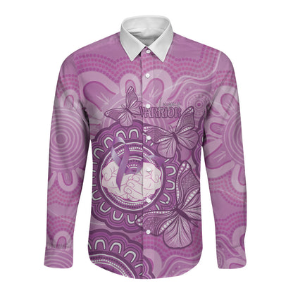 Australia Lupus Support Month Personalised Long Sleeve Button Shirt Warrior Purple Ribbon Butterflies Indigenous Art