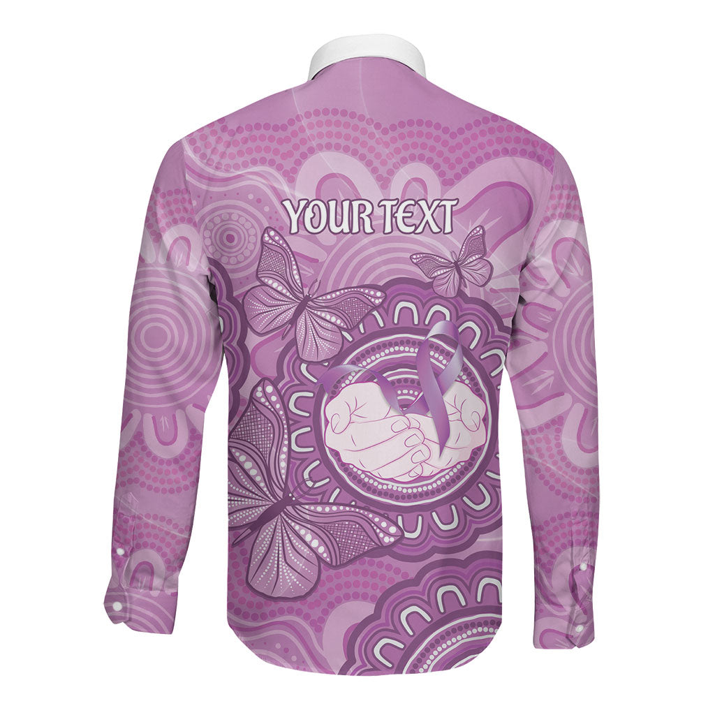 Australia Lupus Support Month Personalised Long Sleeve Button Shirt Warrior Purple Ribbon Butterflies Indigenous Art