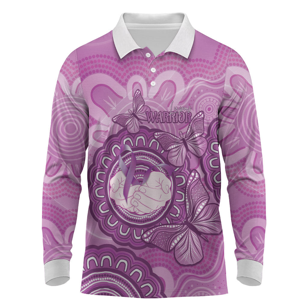 Australia Lupus Support Month Personalised Long Sleeve Polo Shirt Warrior Purple Ribbon Butterflies Indigenous Art