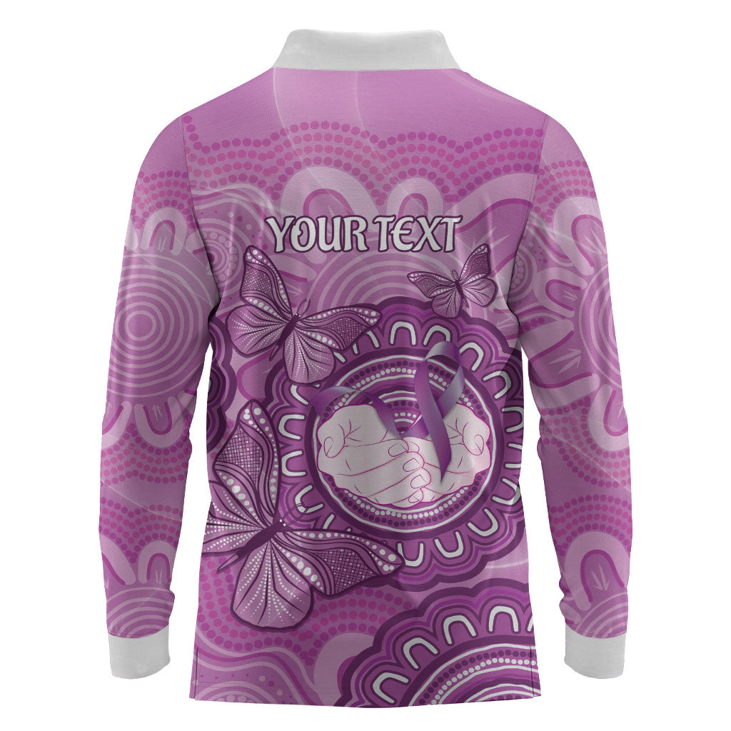 Australia Lupus Support Month Personalised Long Sleeve Polo Shirt Warrior Purple Ribbon Butterflies Indigenous Art