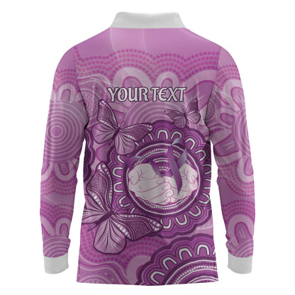 Australia Lupus Support Month Personalised Long Sleeve Polo Shirt Warrior Purple Ribbon Butterflies Indigenous Art