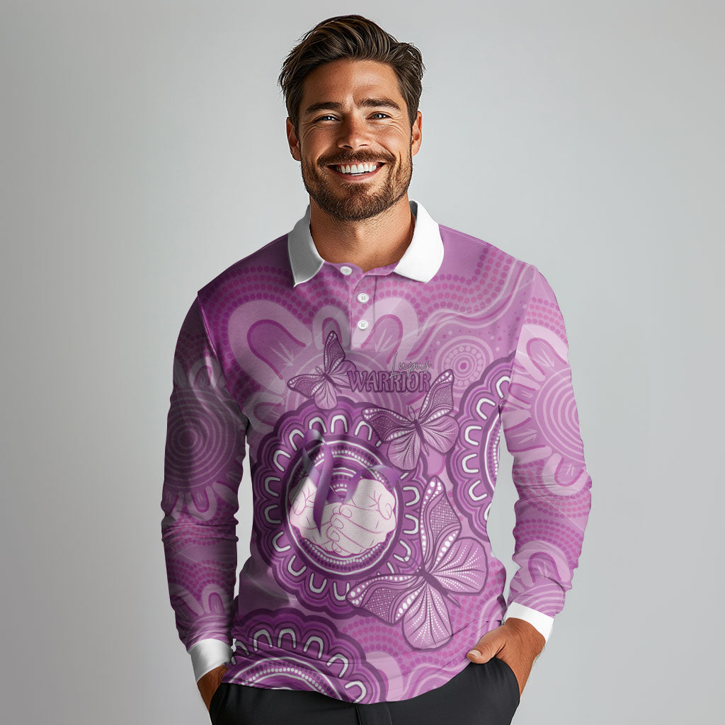 Australia Lupus Support Month Personalised Long Sleeve Polo Shirt Warrior Purple Ribbon Butterflies Indigenous Art