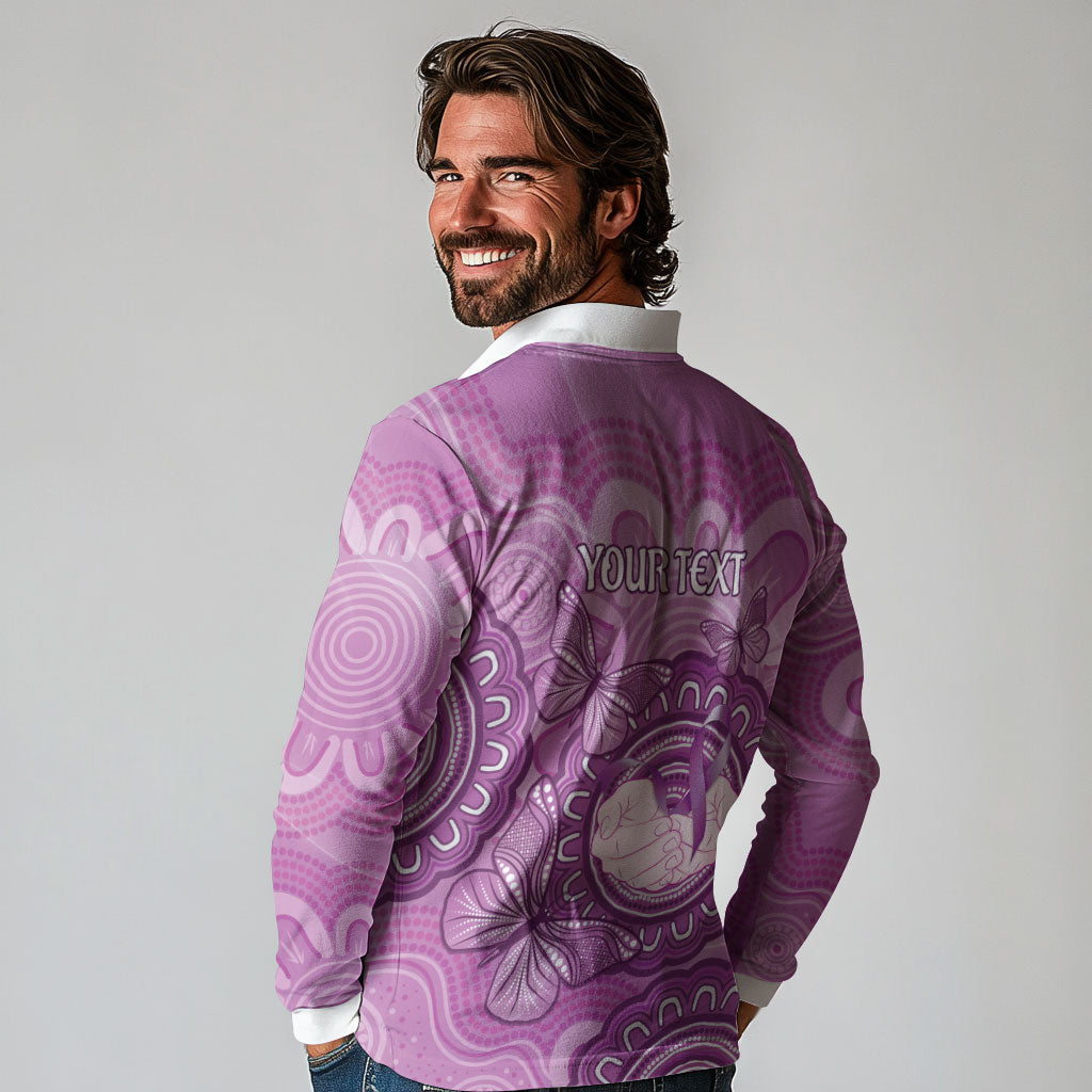Australia Lupus Support Month Personalised Long Sleeve Polo Shirt Warrior Purple Ribbon Butterflies Indigenous Art