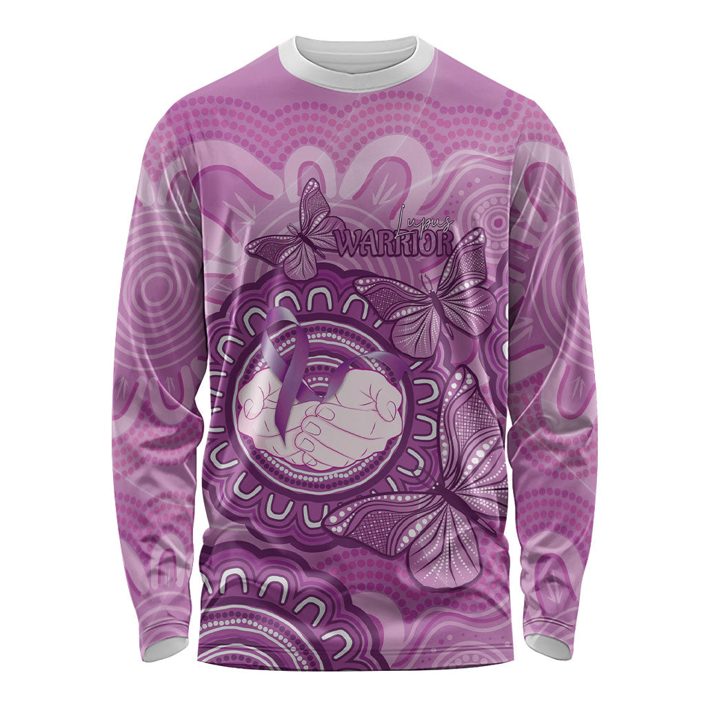 Australia Lupus Support Month Personalised Long Sleeve Shirt Warrior Purple Ribbon Butterflies Indigenous Art