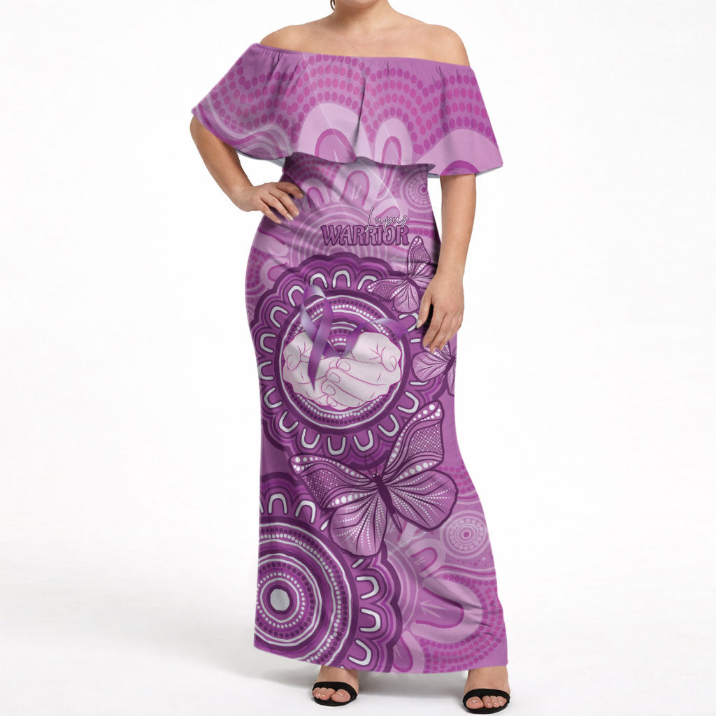 Australia Lupus Support Month Personalised Off Shoulder Maxi Dress Warrior Purple Ribbon Butterflies Indigenous Art
