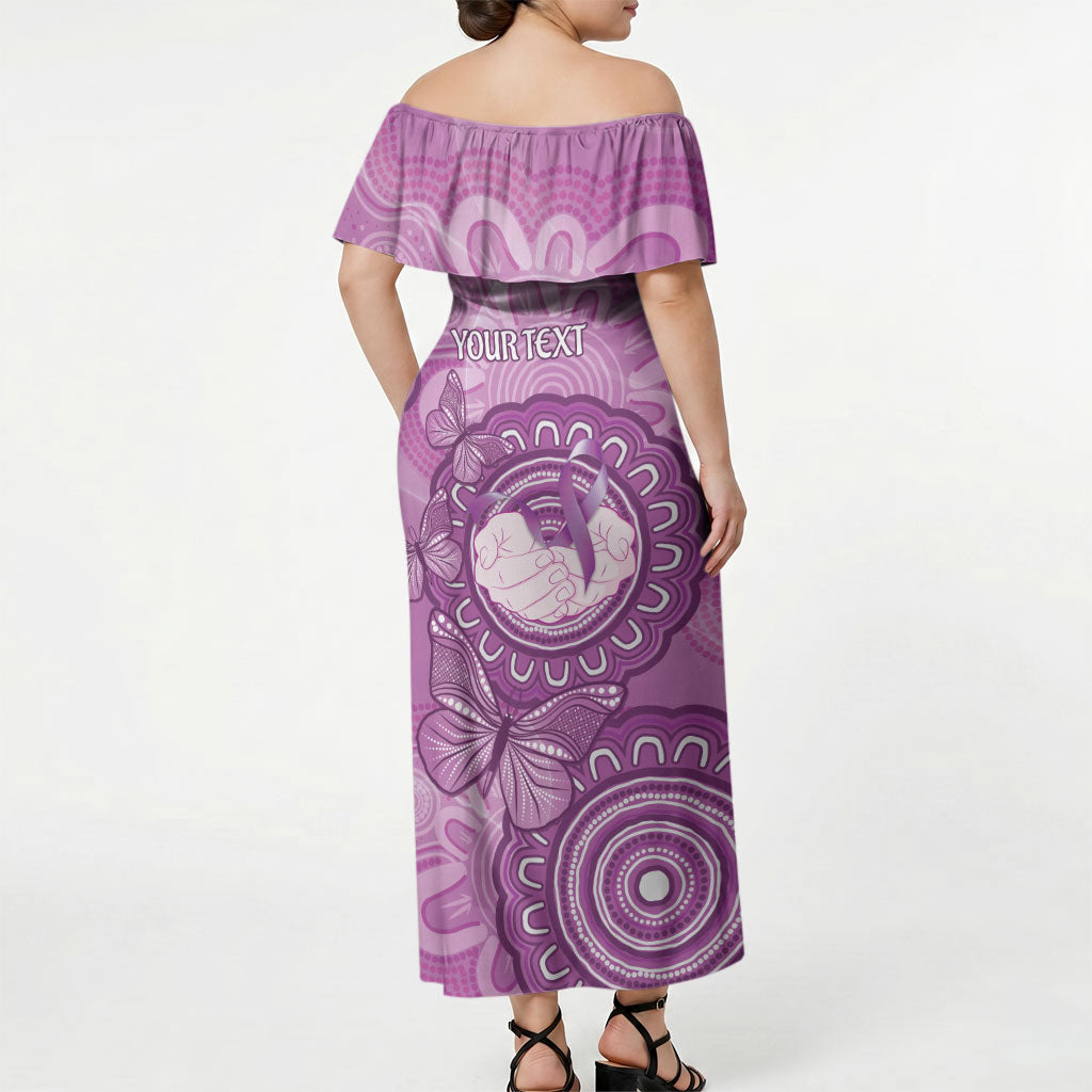 Australia Lupus Support Month Personalised Off Shoulder Maxi Dress Warrior Purple Ribbon Butterflies Indigenous Art