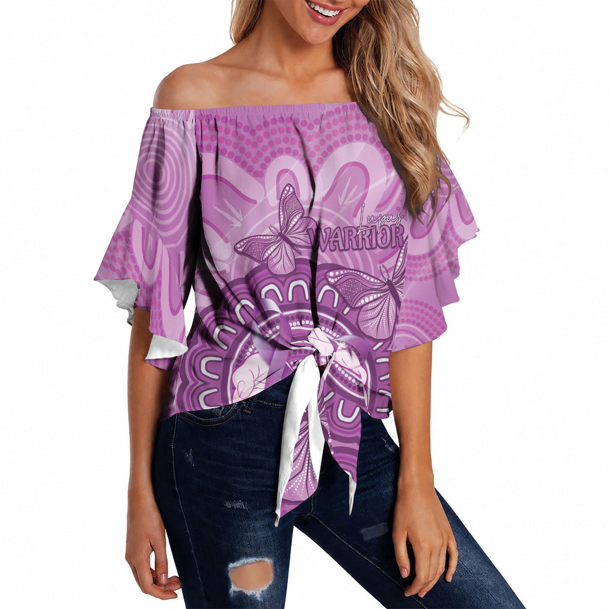 Australia Lupus Support Month Personalised Off Shoulder Wrap Waist Top Warrior Purple Ribbon Butterflies Indigenous Art