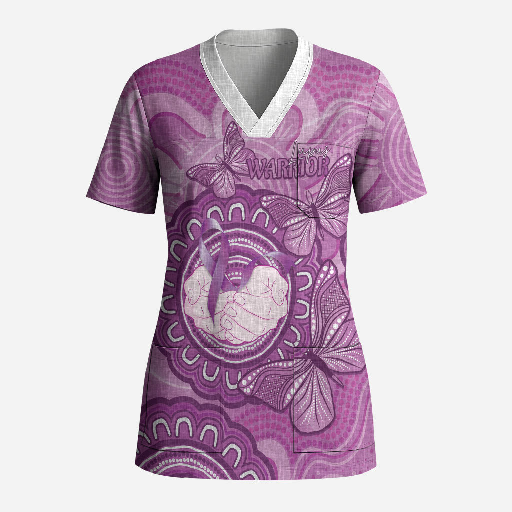 Australia Lupus Support Month Personalised Scrub Top Warrior Purple Ribbon Butterflies Indigenous Art
