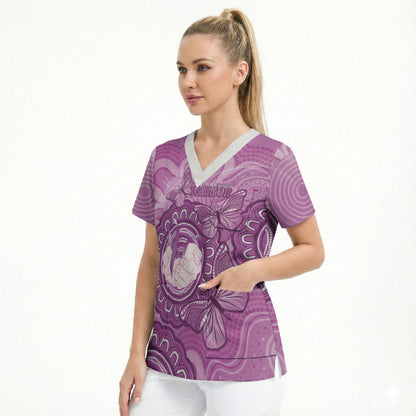 Australia Lupus Support Month Personalised Scrub Top Warrior Purple Ribbon Butterflies Indigenous Art