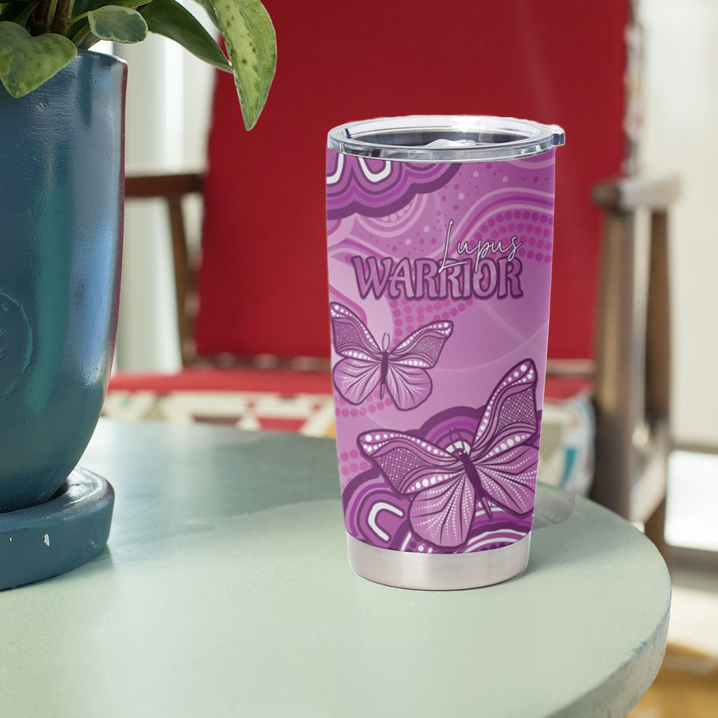 Australia Lupus Support Month Personalised Tumbler Cup Warrior Purple Ribbon Butterflies Indigenous Art