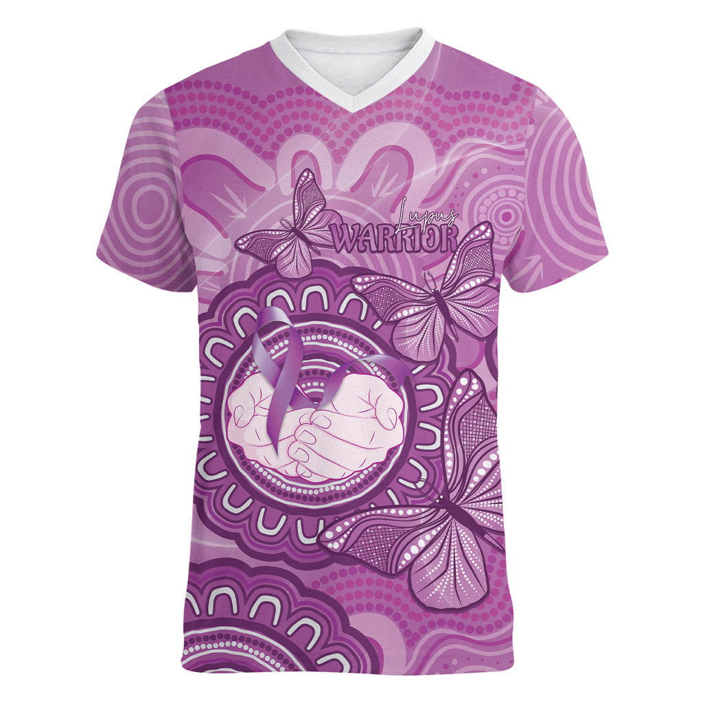 Australia Lupus Support Month Personalised Women V-Neck T-Shirt Warrior Purple Ribbon Butterflies Indigenous Art