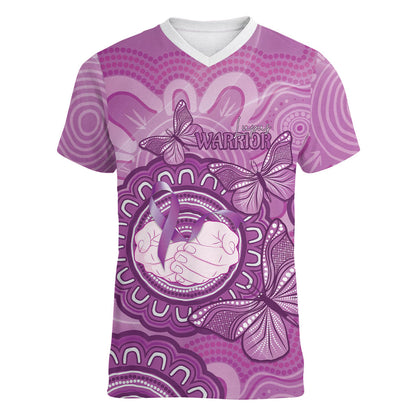 Australia Lupus Support Month Personalised Women V-Neck T-Shirt Warrior Purple Ribbon Butterflies Indigenous Art