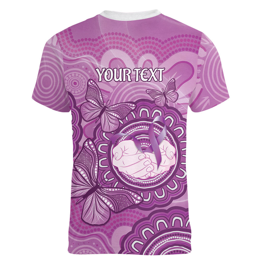 Australia Lupus Support Month Personalised Women V-Neck T-Shirt Warrior Purple Ribbon Butterflies Indigenous Art