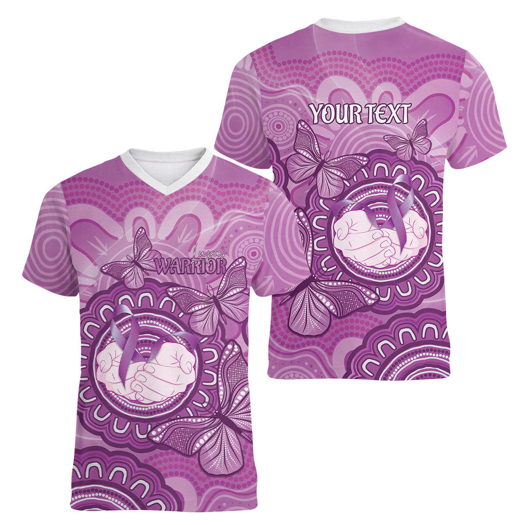 Australia Lupus Support Month Personalised Women V-Neck T-Shirt Warrior Purple Ribbon Butterflies Indigenous Art