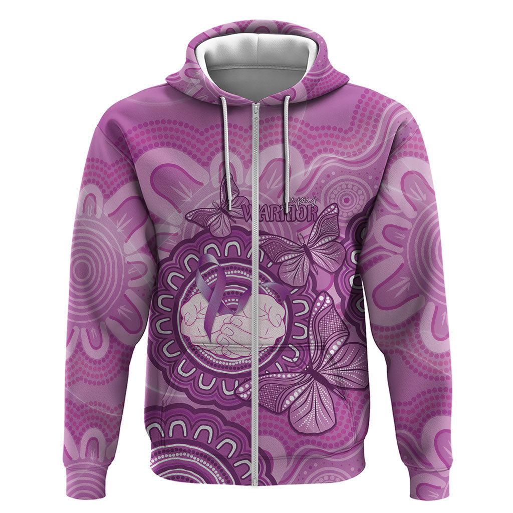 Australia Lupus Support Month Personalised Zip Hoodie Warrior Purple Ribbon Butterflies Indigenous Art