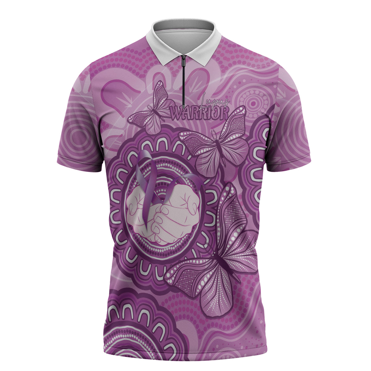Australia Lupus Support Month Personalised Zipper Polo Shirt Warrior Purple Ribbon Butterflies Indigenous Art